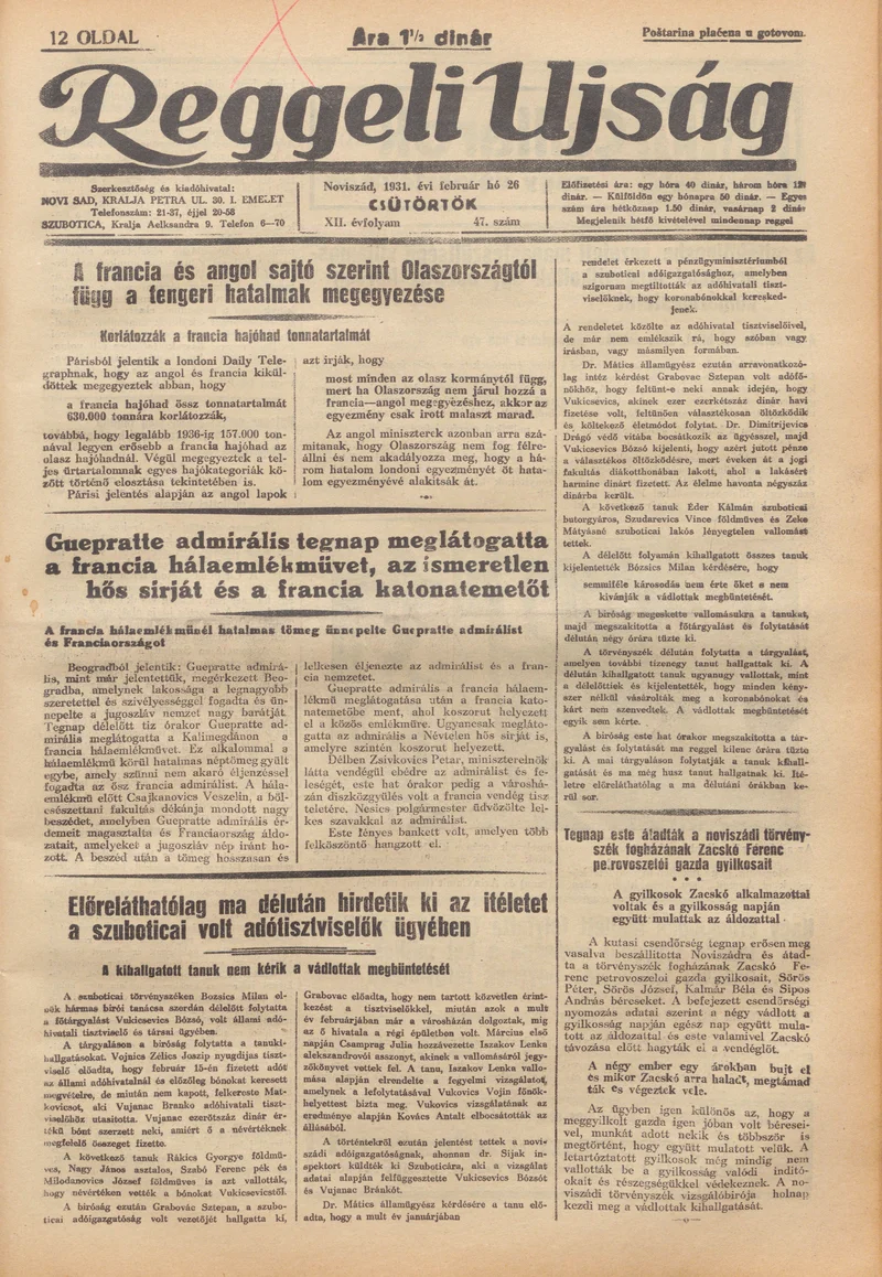 Reggeli Újság, 12. évf. 1931. február 26. 47. sz.
