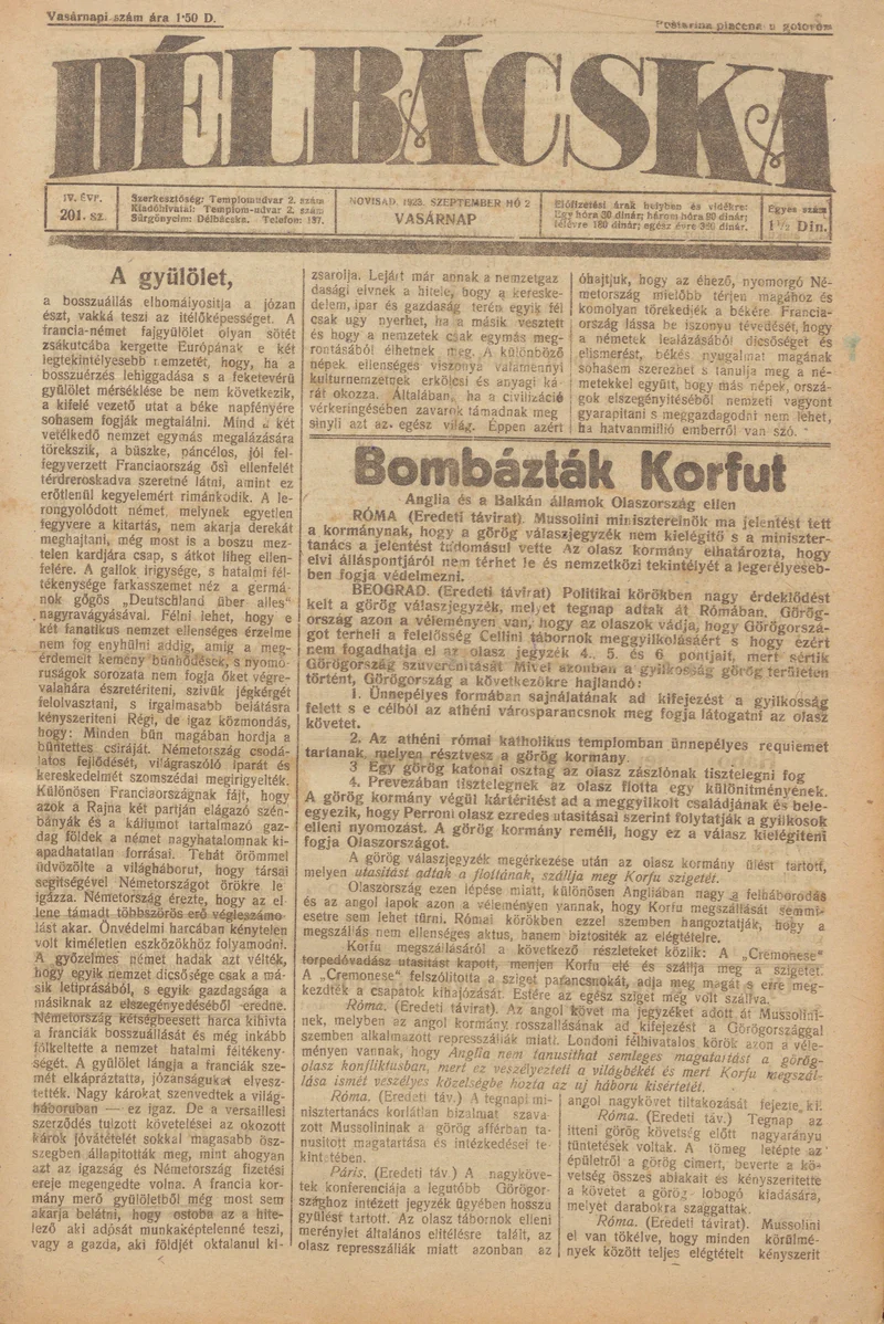 Délbácska, 4. évf. 1923. szeptember 2. 201. sz.