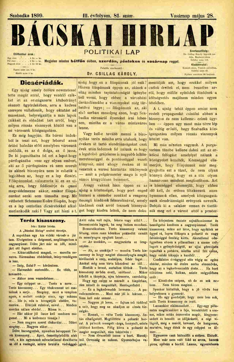 Bácskai Hirlap, 3. évf. 1899. május 28. 81. sz.