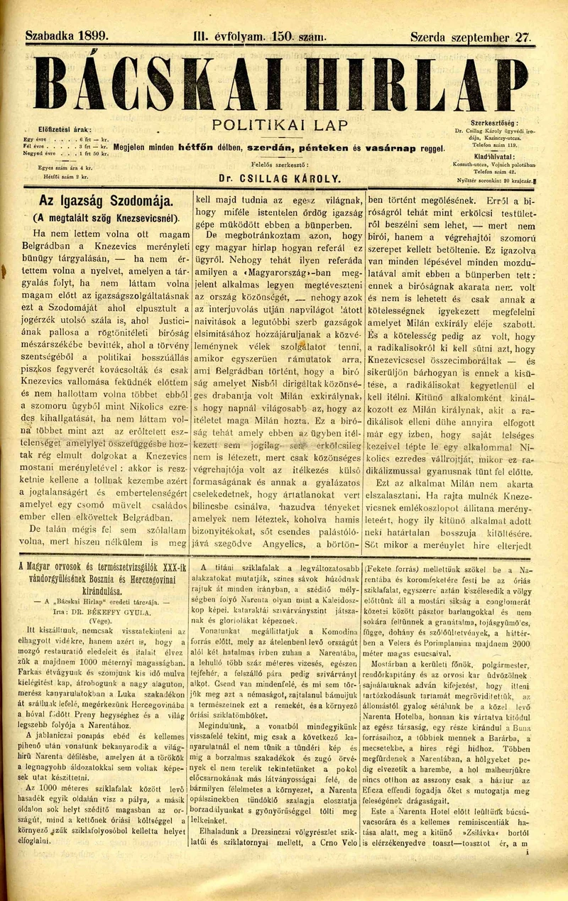 Bácskai Hirlap, 3. évf. 1899. szeptember 27. 150. sz.