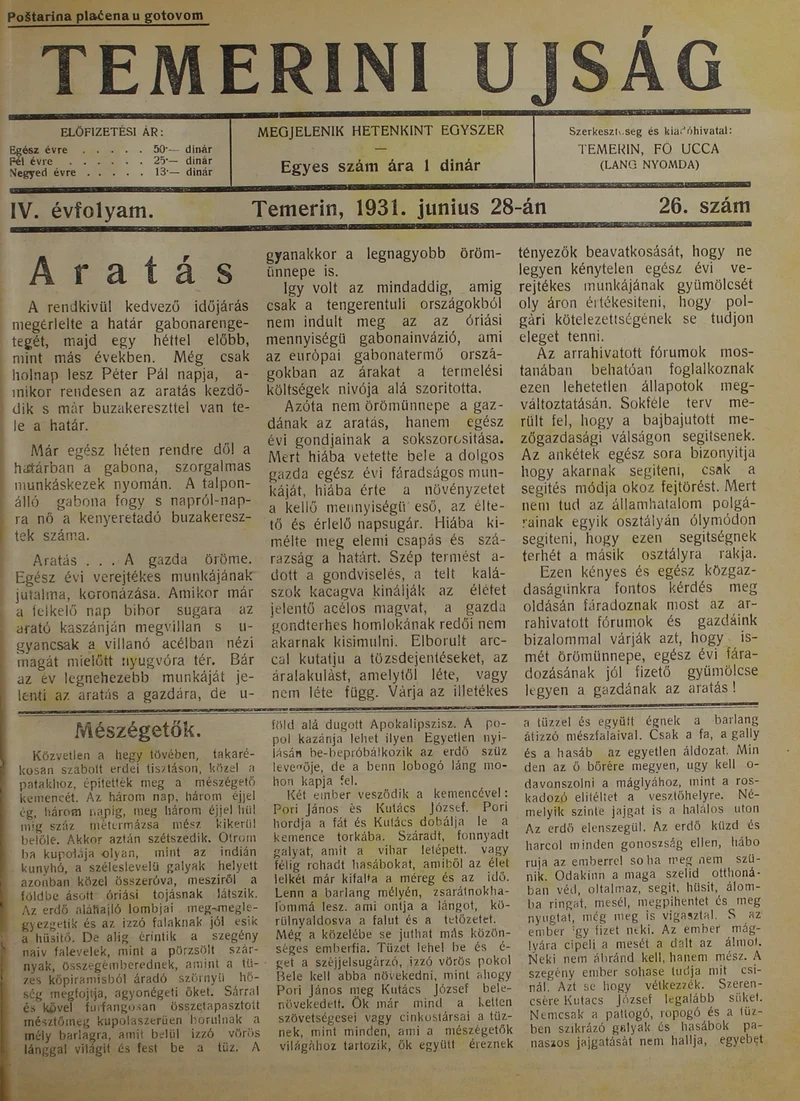 Temerini Újság 1928-1944, 4. évf. 1931. június 28. 26. sz.