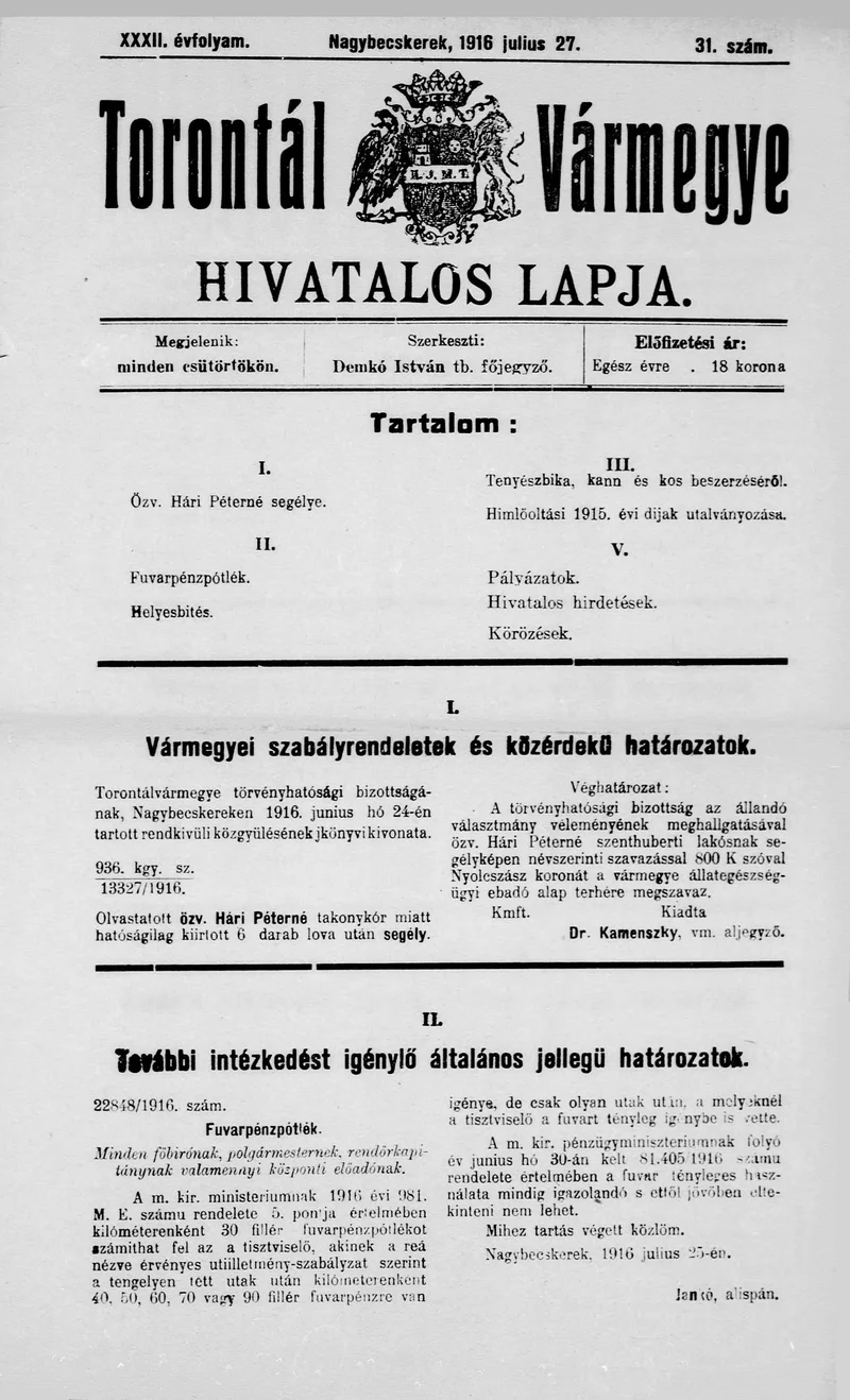 Torontál Vármegye Hivatalos Lapja, 32. évf. 1916. július 27. 31. sz.