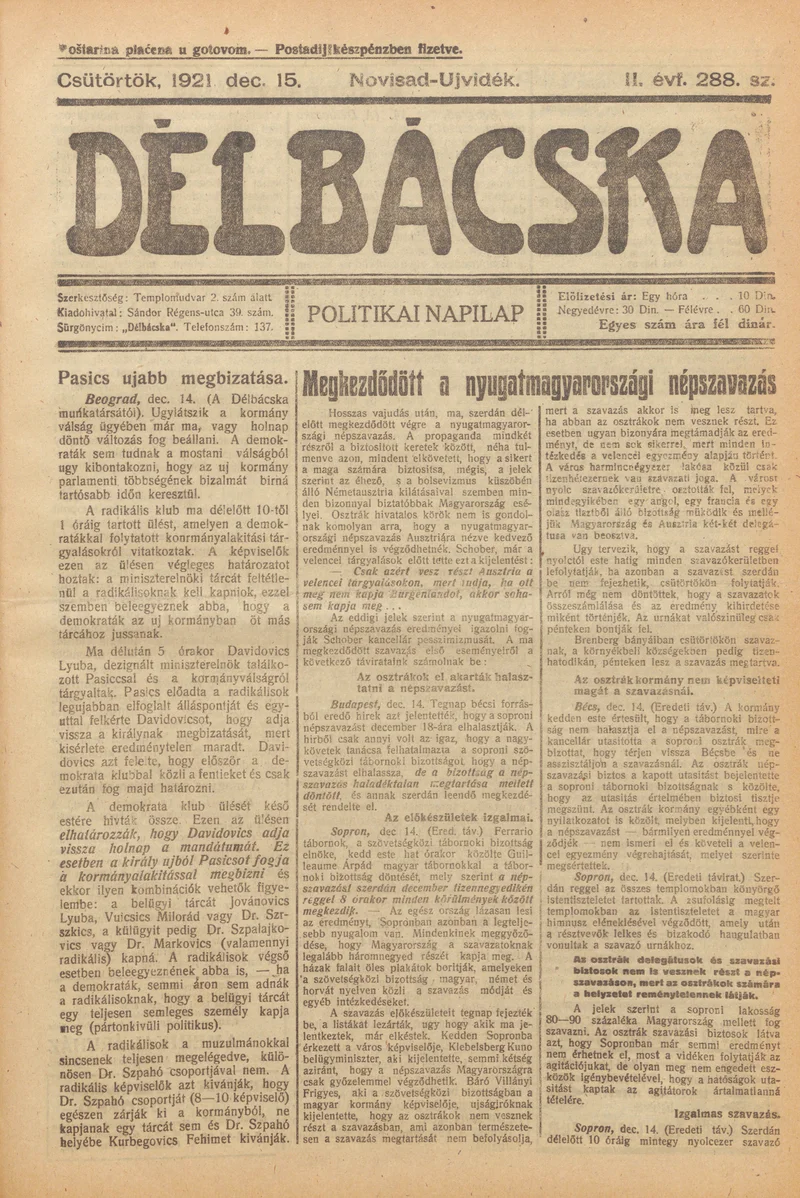 Délbácska, 2. évf. 1921. december 15. 288. sz.