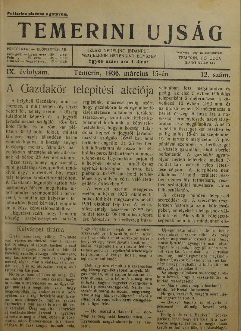 Temerini Újság 1928-1944, 9. évf. 1936. március 15. 12. sz.