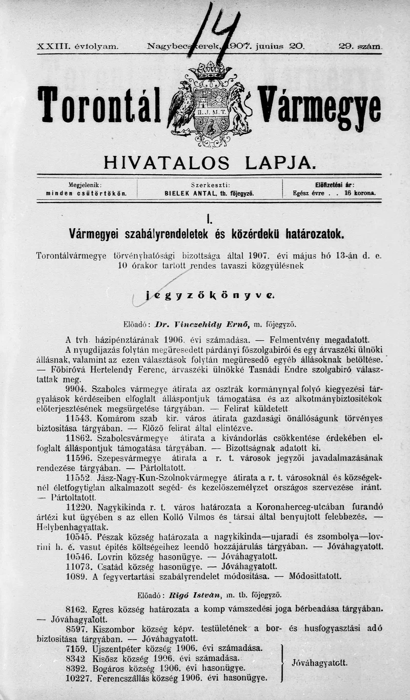 Torontál Vármegye Hivatalos Lapja, 23. évf. 1907. június 20. 29. sz.
