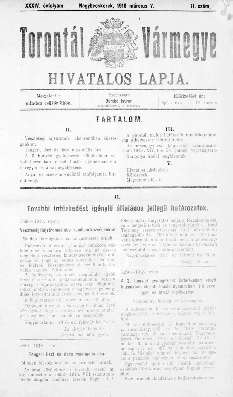 Torontál Vármegye Hivatalos Lapja, 34. évf. 1918. március 7. 11. sz.