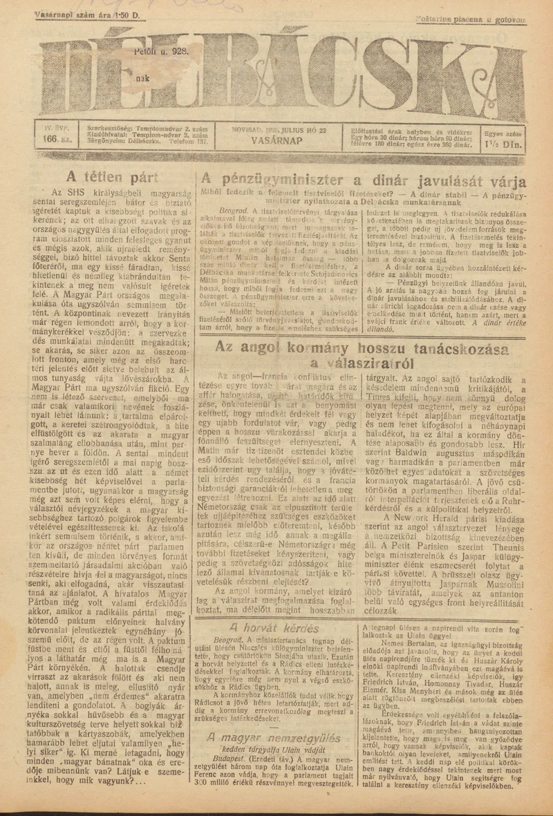 Délbácska, 4. évf. 1923. július 22. 166. sz.