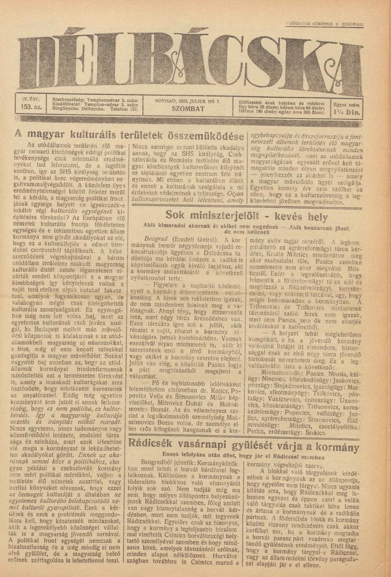 Délbácska, 4. évf. 1923. július 7. 153. sz.