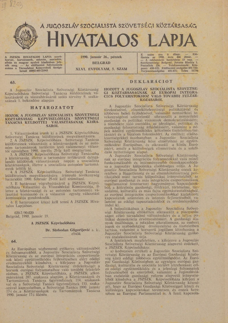 A Jugoszláv Szocialista Szövetségi Köztársaság Hivatalos Lapja, 46. évf. 1990. január 26. 5. sz. 289–328. oldal