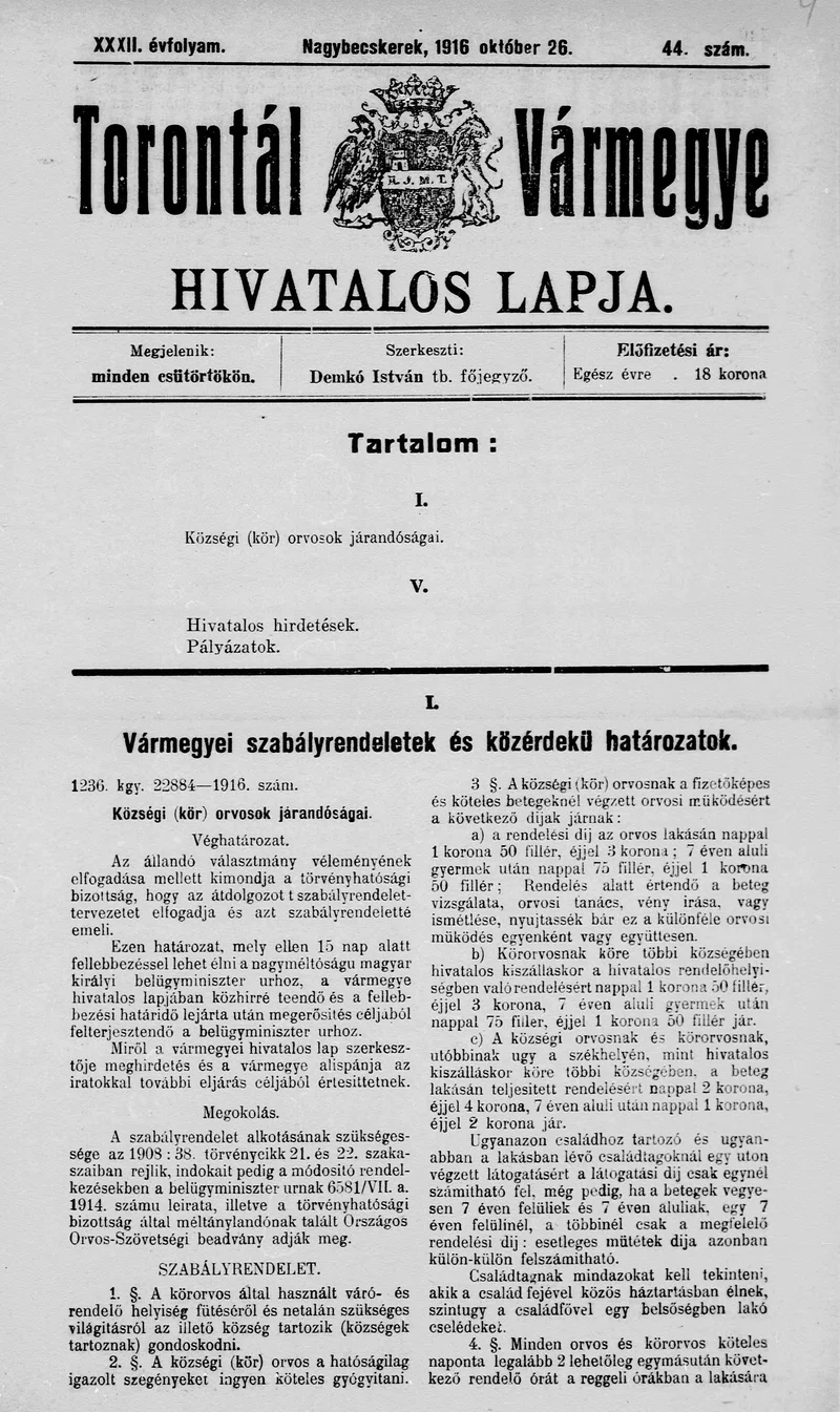Torontál Vármegye Hivatalos Lapja, 32. évf. 1916. október 26. 44. sz.