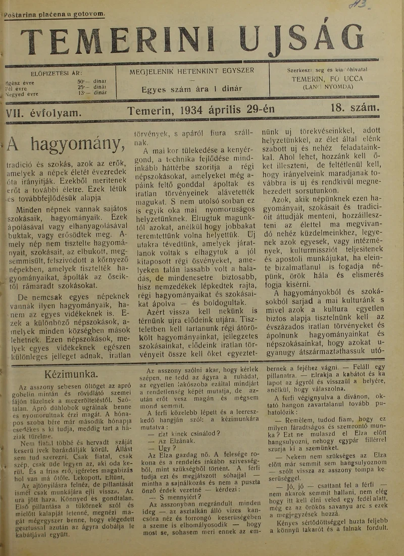 Temerini Újság 1928-1944, 7. évf. 1934. április 29. 18. sz.