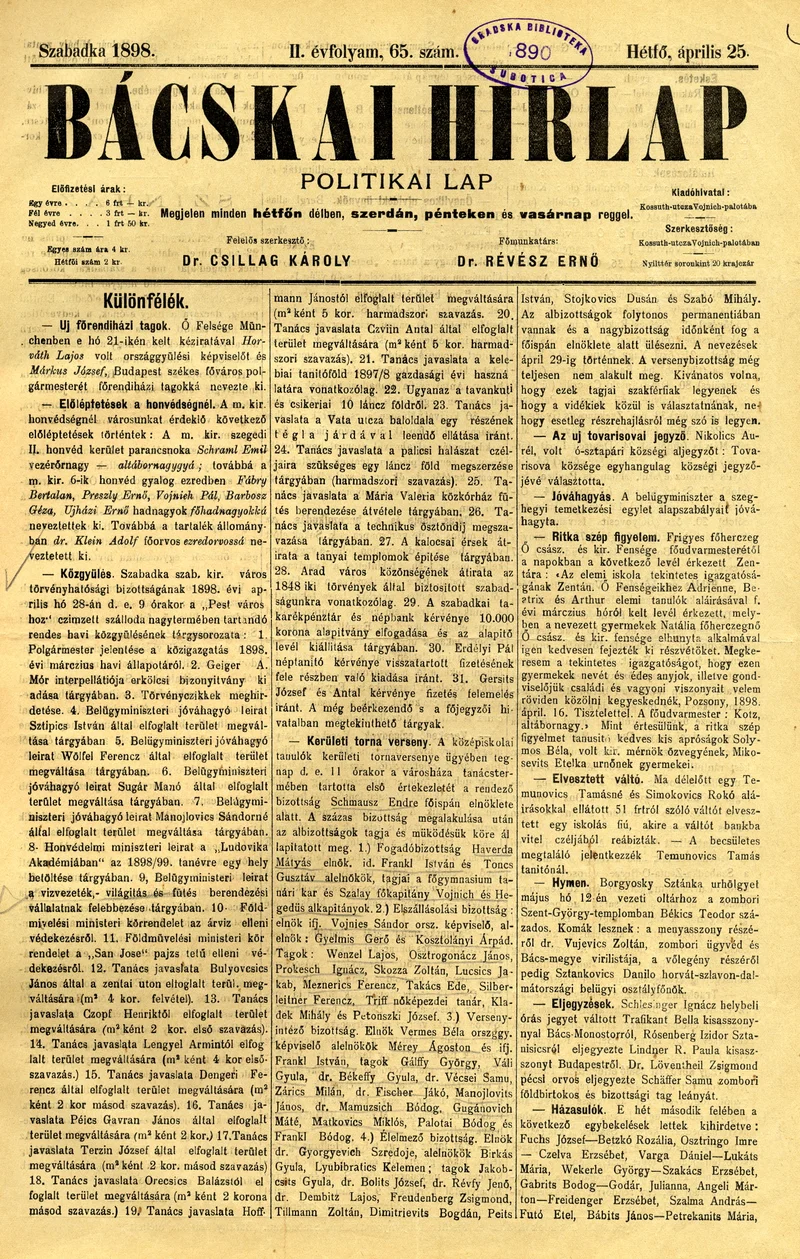 Bácskai Hirlap, 2. évf. 1898. április 25. 65. sz. 1–2. oldal