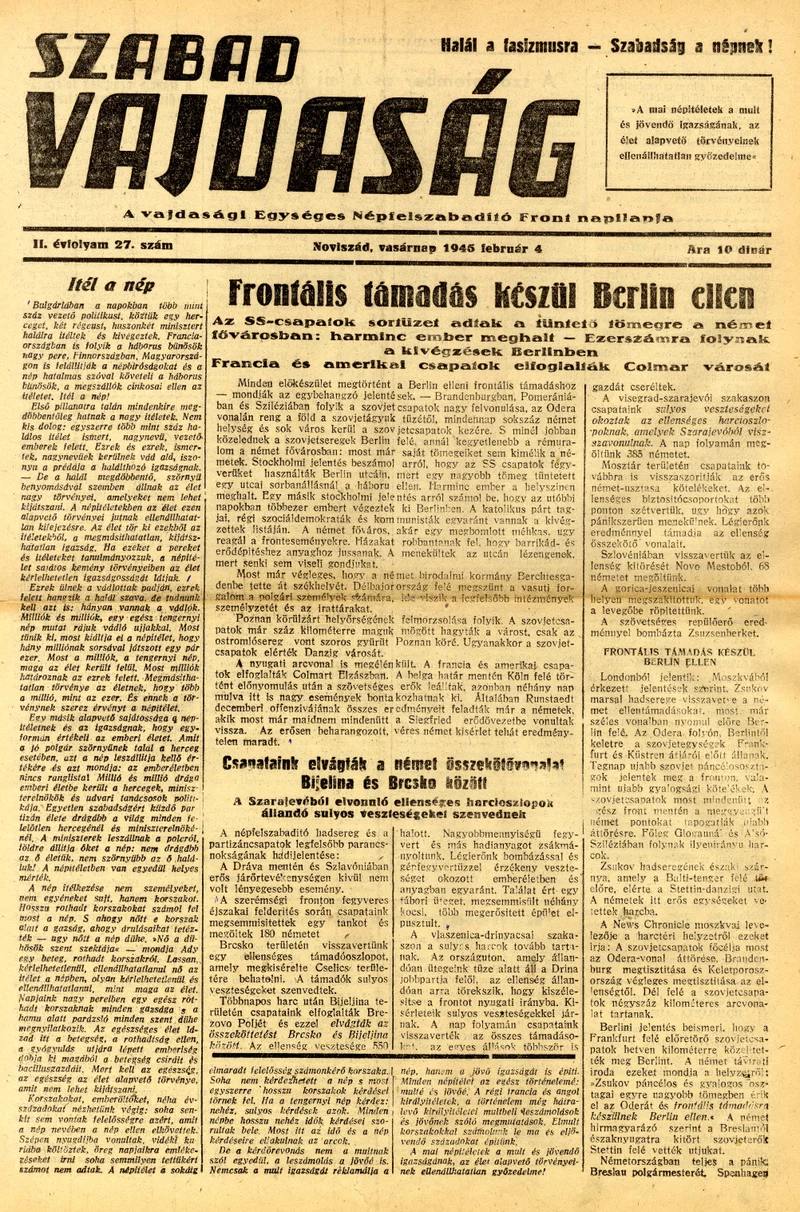 Szabad Vajdaság, 2. évf. 1945. február 4. 27. sz.