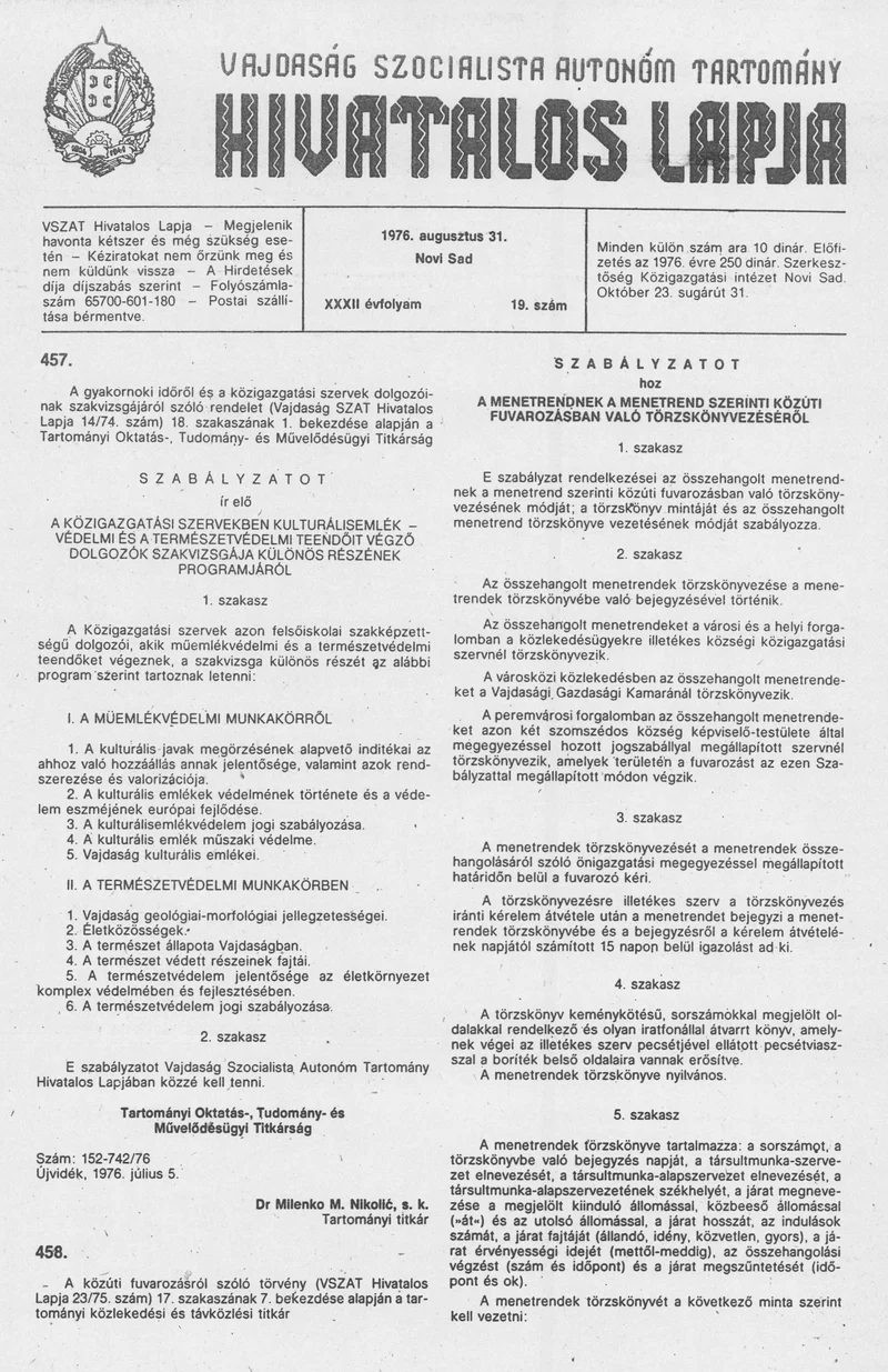 Vajdaság Szocialista Autonóm Tartomány Hivatalos Lapja, 32. évf. 1976. augusztus 31. 19. sz. 661–664. oldal