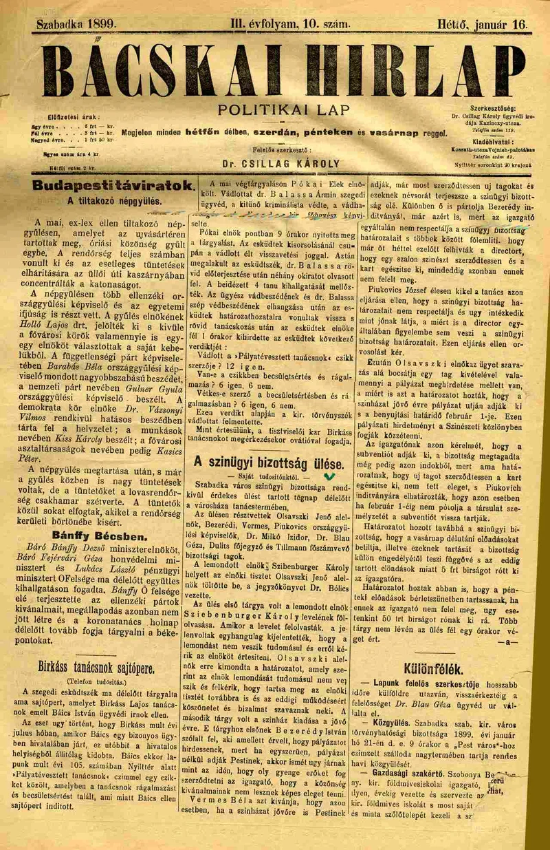 Bácskai Hirlap, 3. évf. 1899. január 16. 10. sz.