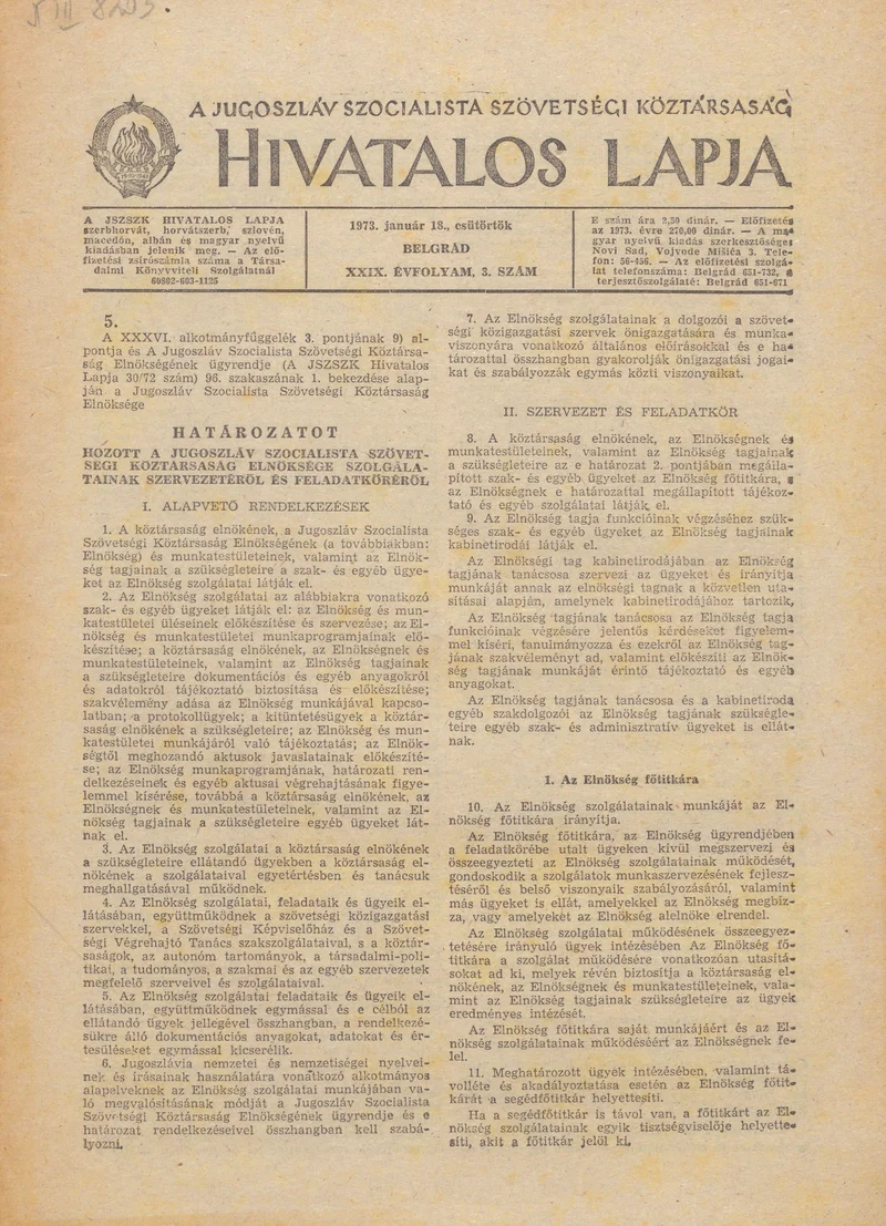 A Jugoszláv Szocialista Szövetségi Köztársaság Hivatalos Lapja, 29. évf. 1973. január 18. 3. sz. 29–48. oldal