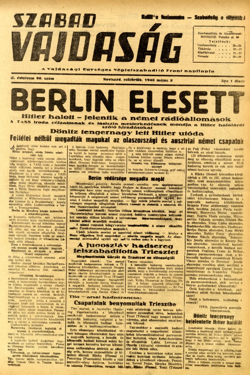 Szabad Vajdaság, 2. évf. 1945. május 3. 98. sz.