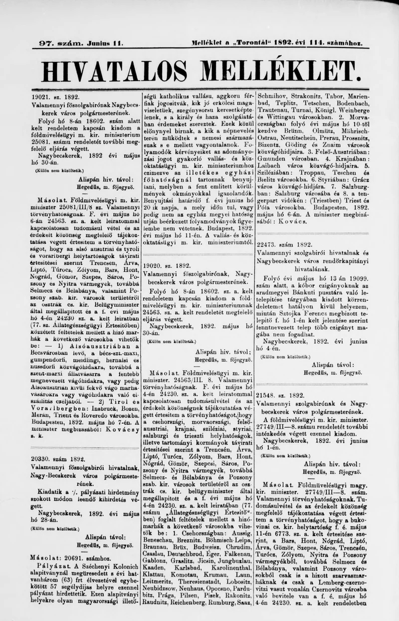 A Totontál  hivatalos melléklete, 5. évf. 1892. június 11. 97. sz.