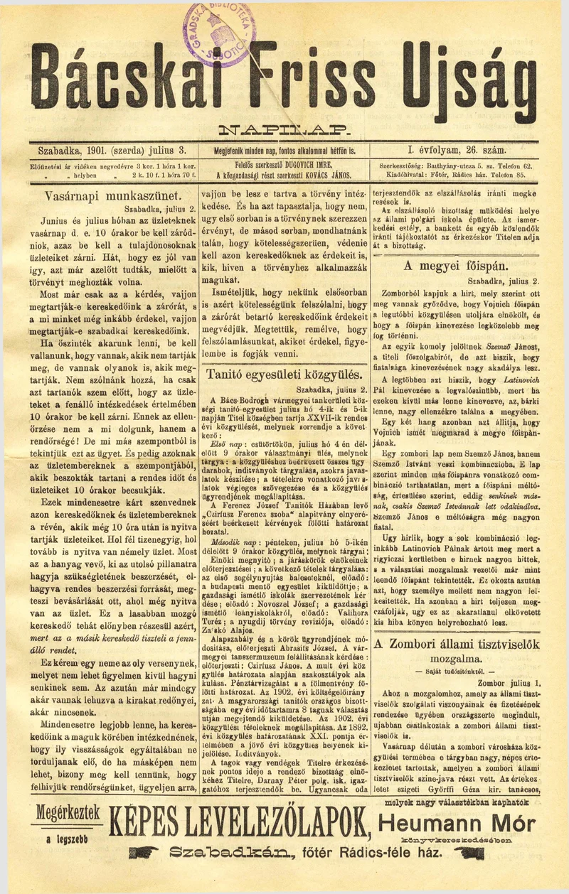 Bácskai Friss Ujság, 1. évf. 1901. július 3. 26. sz.