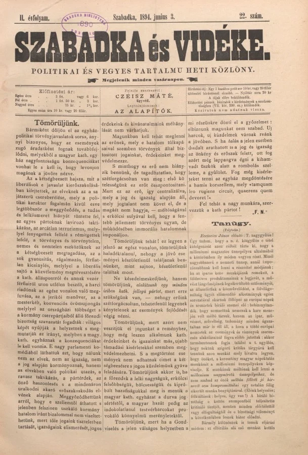 Szabadka és vidéke II, 2. évf. 1894. június 3. 22. sz.