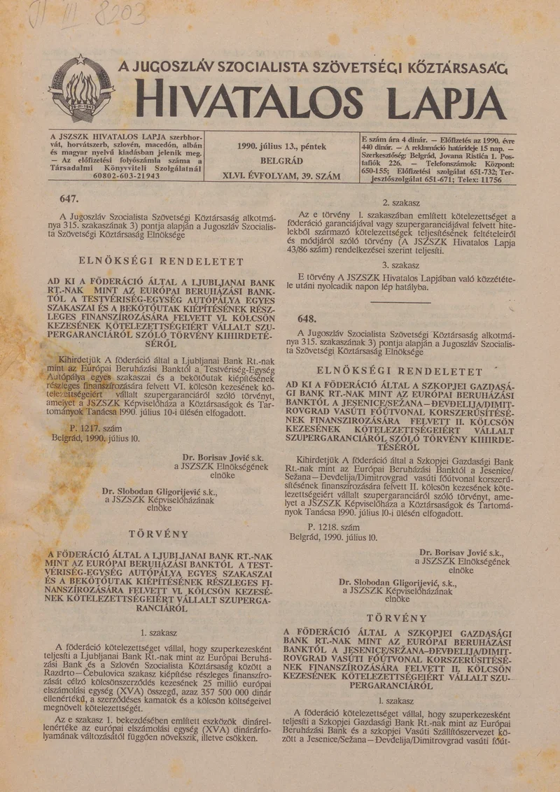 A Jugoszláv Szocialista Szövetségi Köztársaság Hivatalos Lapja, 46. évf. 1990. július 13. 39. sz. 1233–1244. oldal