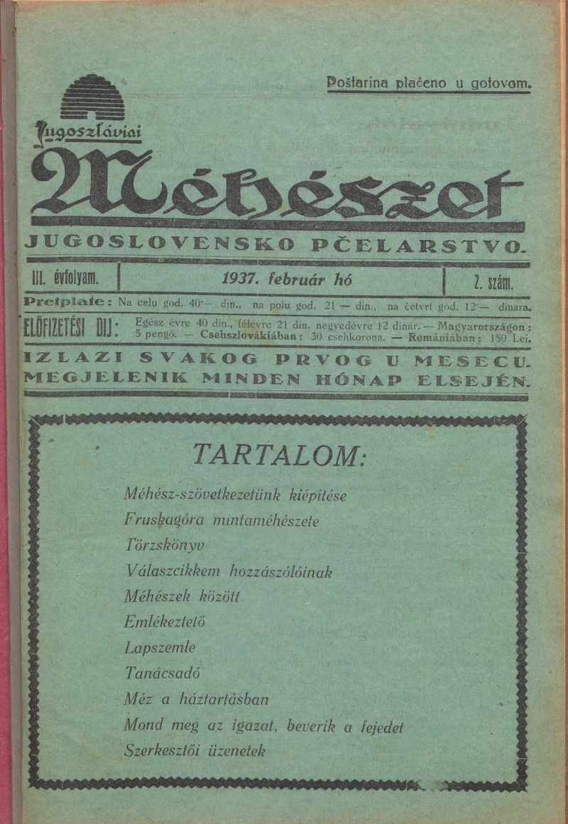 Jugoszláviai méhészet, 3. évf. 1937. február 1. 2. sz.