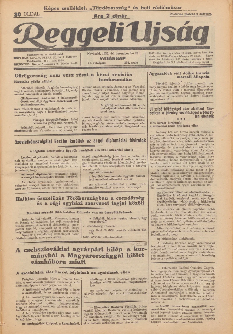 Reggeli Újság, 11. évf. 1930. december 28. 302. sz.