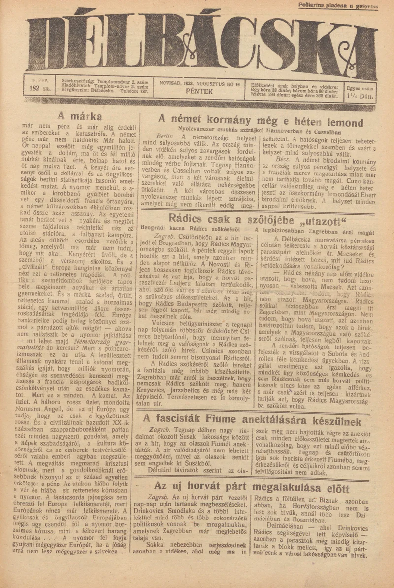 Délbácska, 4. évf. 1923. augusztus 10. 182. sz.