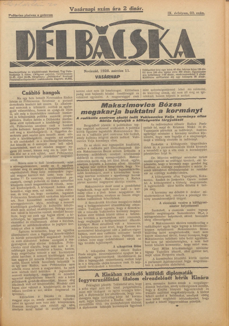 Délbácska, 9. évf. 1928. március 11. 60. sz.