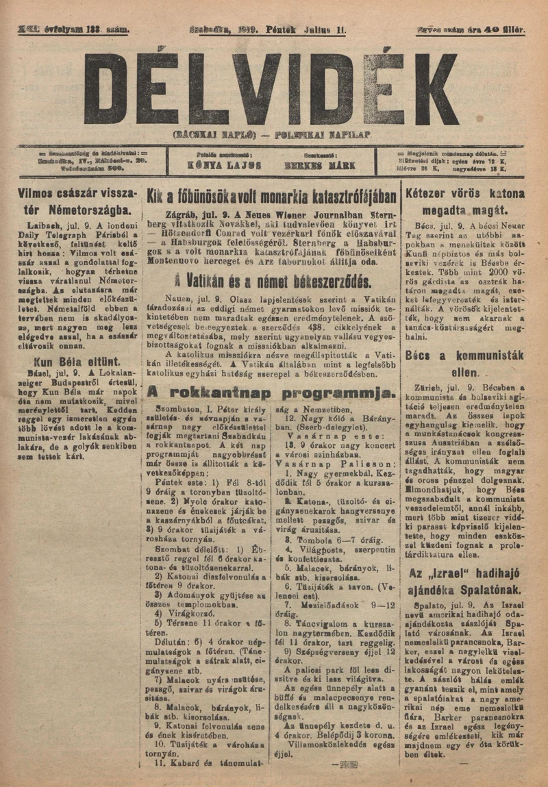 Délvidék, 13. évf. 1919. július 11. 133. sz.