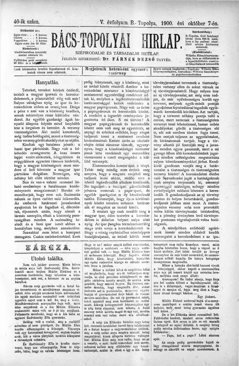 Bács-Topolyai Hirlap, 5. évf. 1900. október 7. 40. sz.