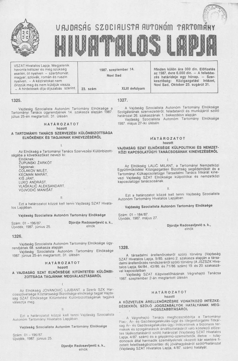 Vajdaság Szocialista Autonóm Tartomány Hivatalos Lapja, 43. évf. 1987. szeptember 14. 23. sz.
