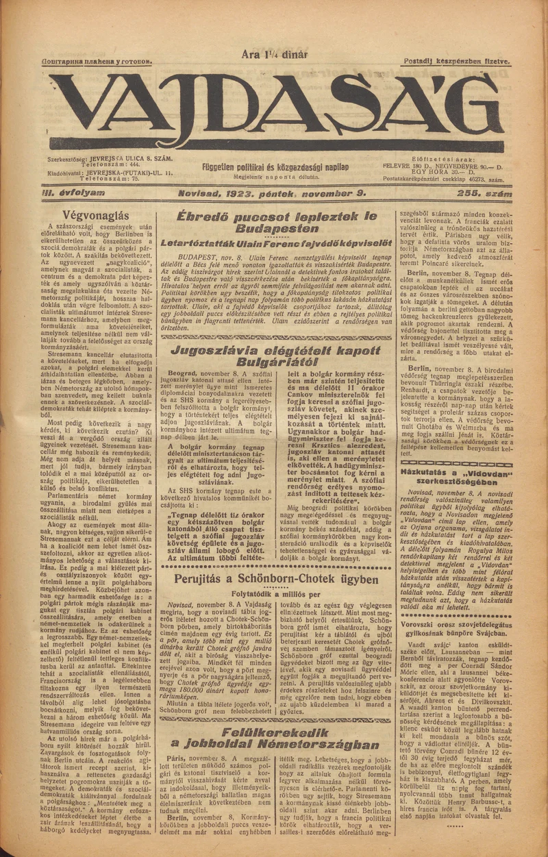 Vajdaság, 3. évf. 1923. november 9. 255. sz.