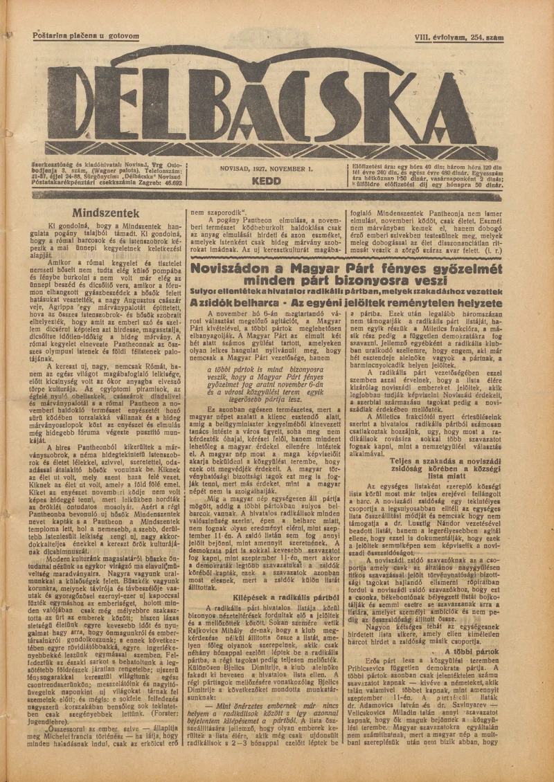 Délbácska, 8. évf. 1927. november 1. 254. sz.