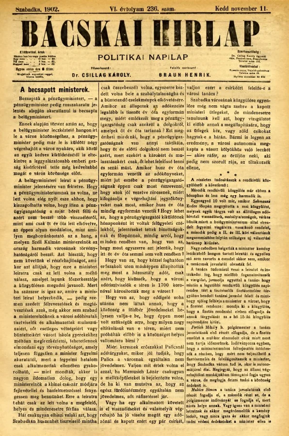 Bácskai Hirlap, 6. évf. 1902. november 11. 236. sz.