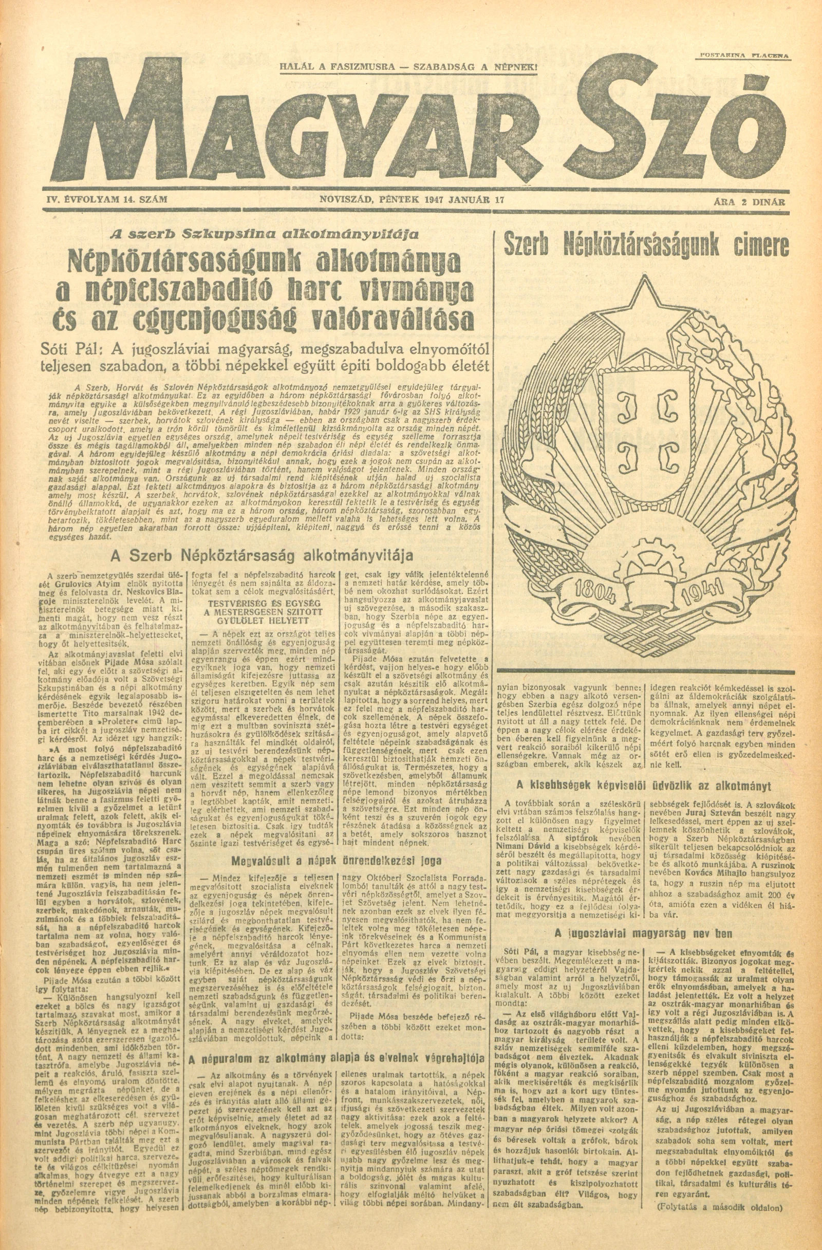 Magyar Szó, 4. évf. 1947. január 17. 14. sz. 1–6. oldal
