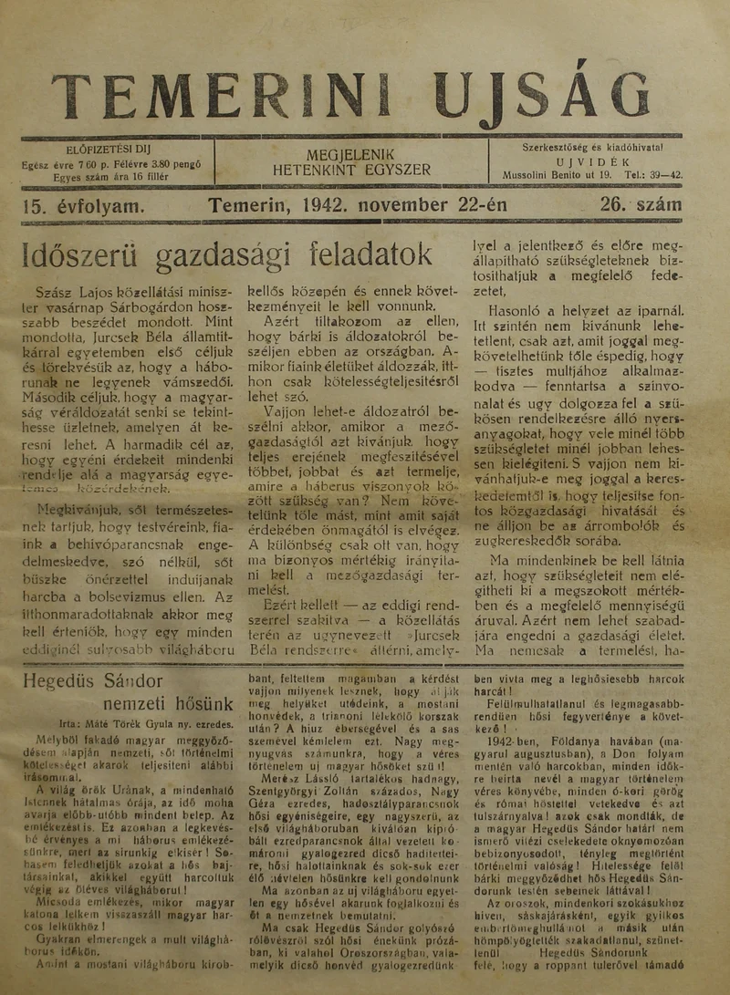 Temerini Újság 1928-1944, 15. évf. 1942. november 22. 26. sz.