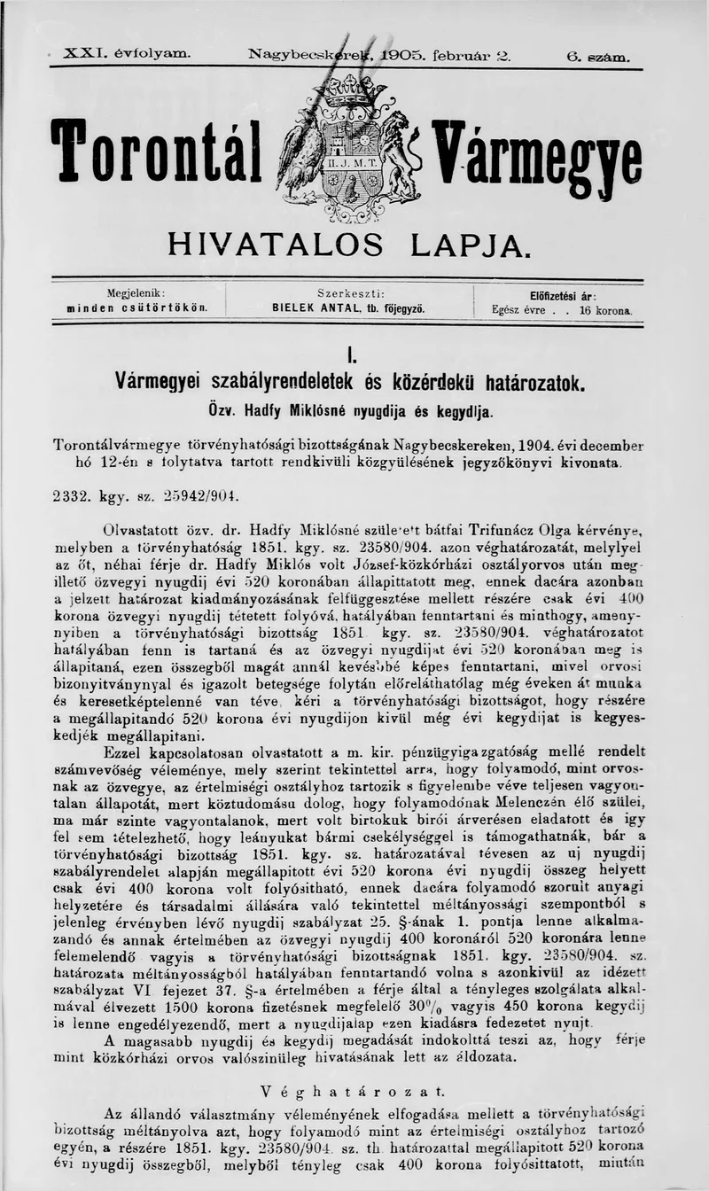 Torontál Vármegye Hivatalos Lapja, 21. évf. 1905. február 2. 6. sz.