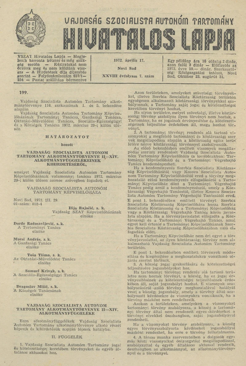 Vajdaság Szocialista Autonóm Tartomány Hivatalos Lapja, 28. évf. 1972. április 17. 7. sz. 249–260. oldal