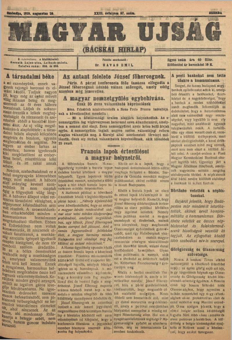 Bácskai Hirlap, 23. évf. 1919. augusztus 20. 57. sz.