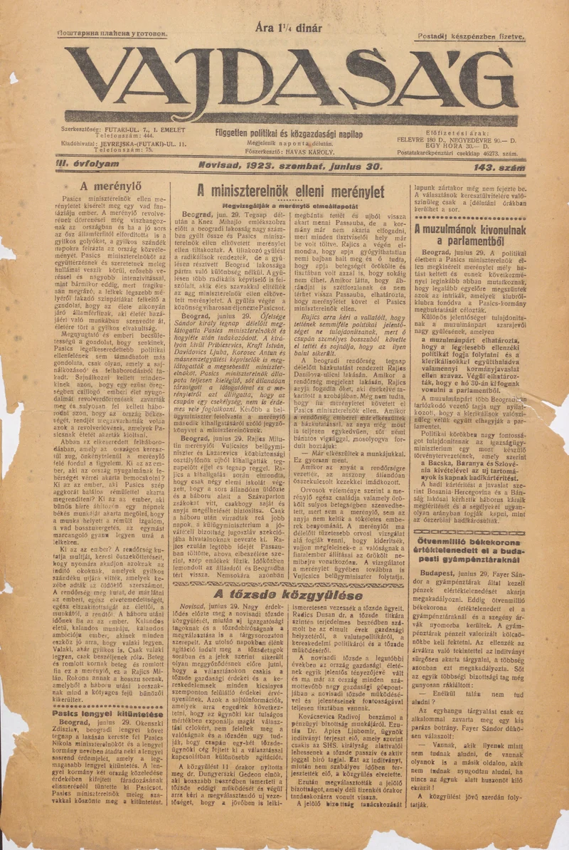 Vajdaság, 3. évf. 1923. június 30. 143. sz.