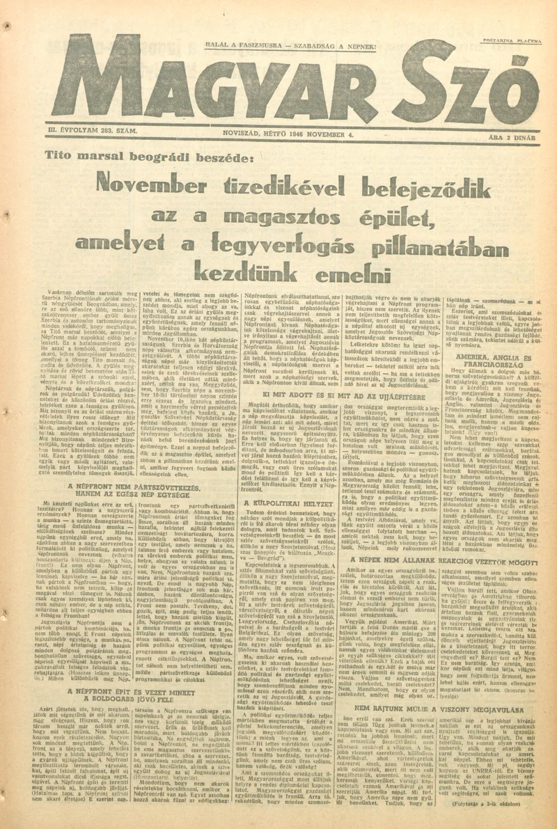 Magyar Szó, 3. évf. 1946. november 4. 263. sz. 1–6. oldal