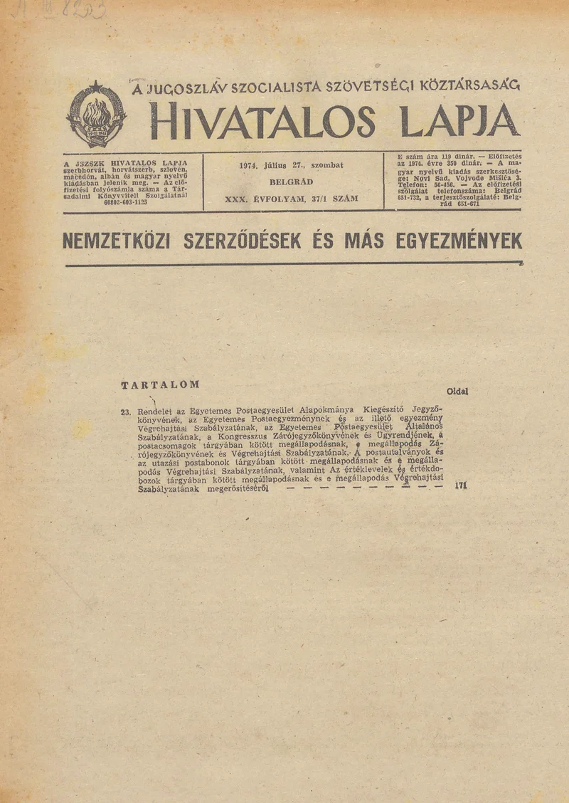 A Jugoszláv Szocialista Szövetségi Köztársaság Hivatalos Lapja, 31. évf. 1975. július 27. 37. sz.