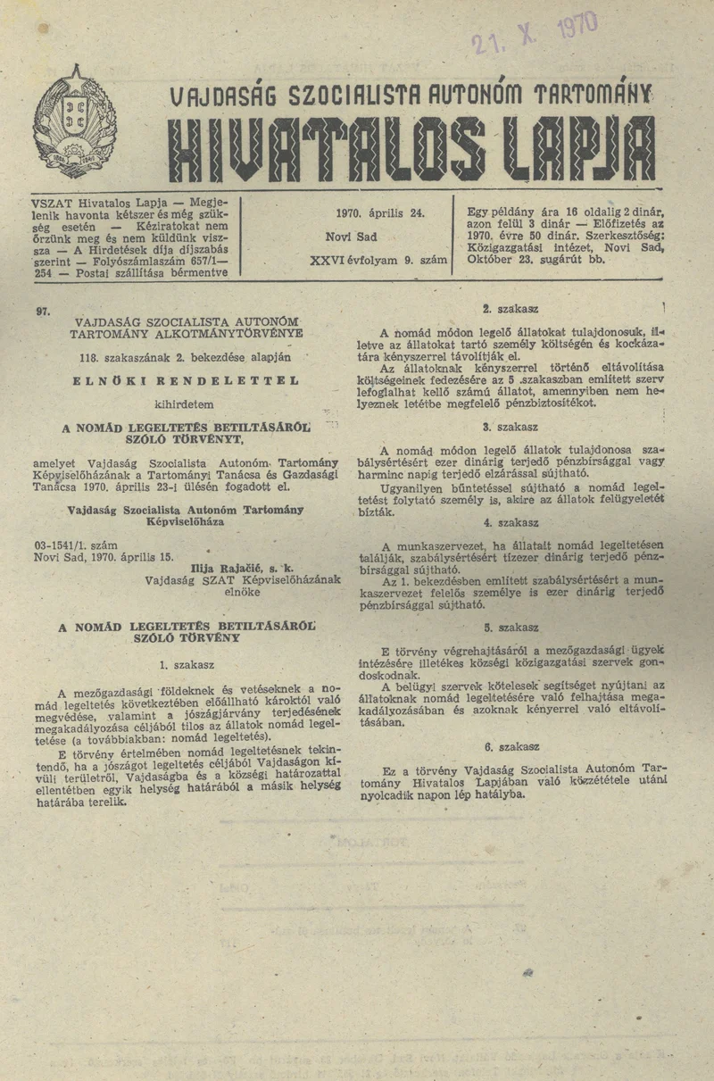 Vajdaság Szocialista Autonóm Tartomány Hivatalos Lapja, 26. évf. 1970. április 24. 9. sz. 117–118. oldal