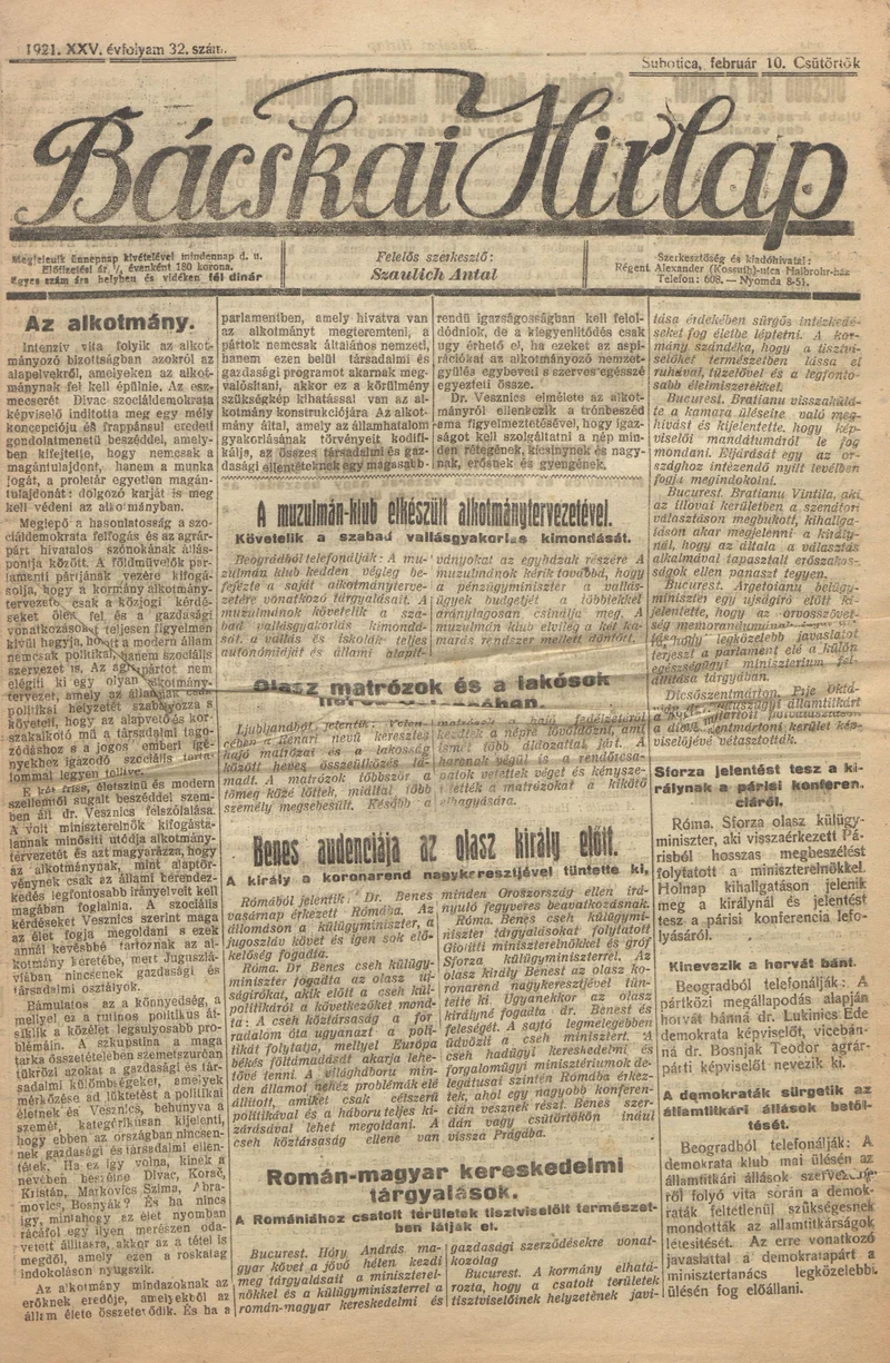 Bácskai Hirlap, 25. évf. 1921. február 10. 32. sz.