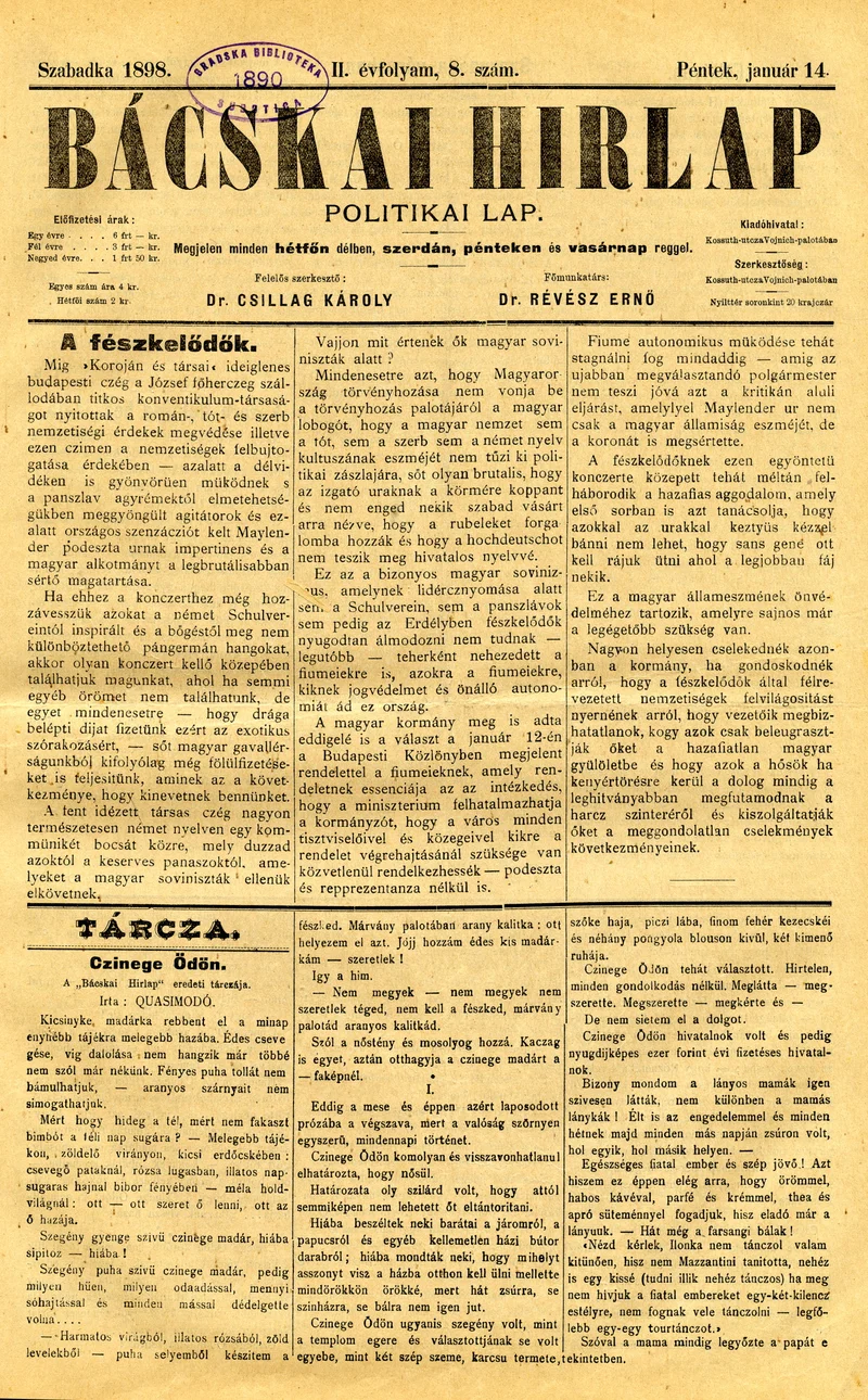 Bácskai Hirlap, 2. évf. 1898. január 14. 8. sz. 1–4. oldal