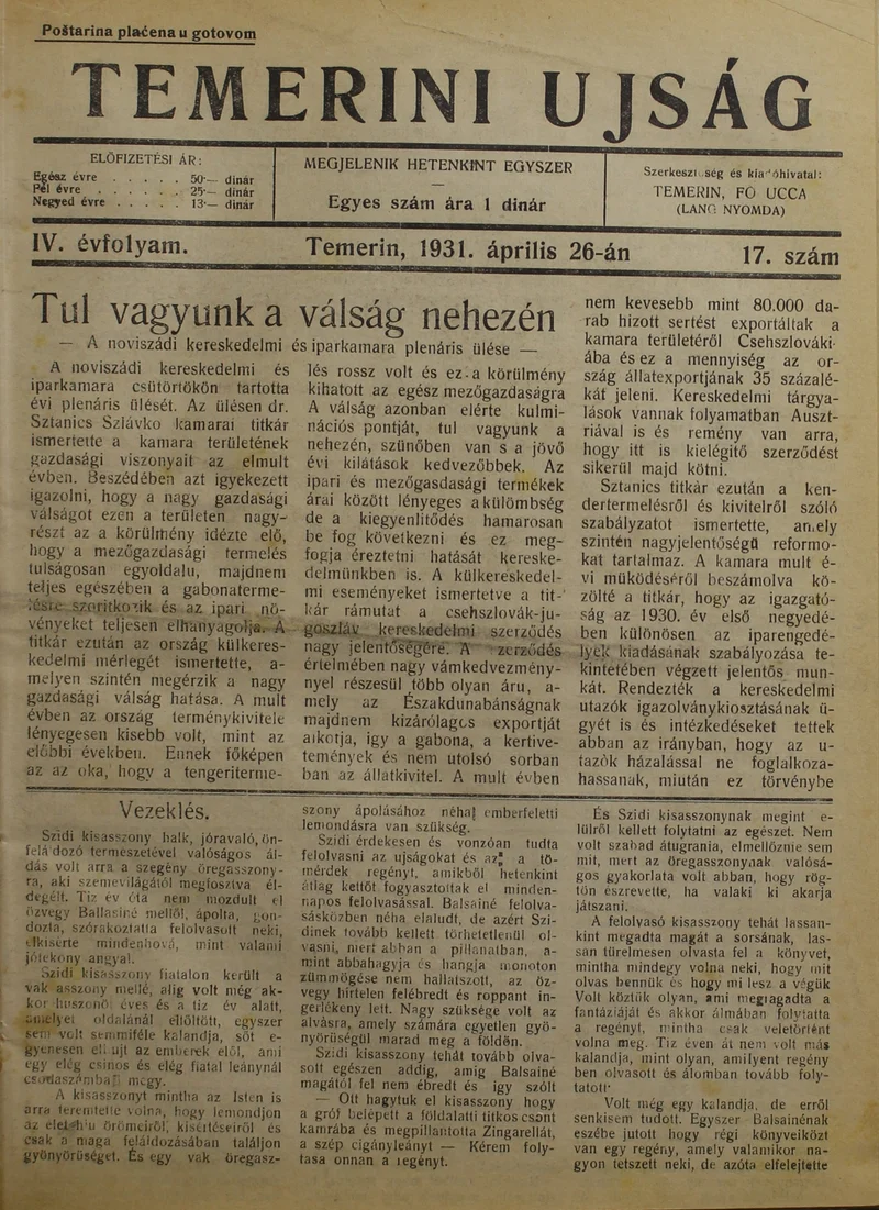 Temerini Újság 1928-1944, 4. évf. 1931. április 26. 17. sz.