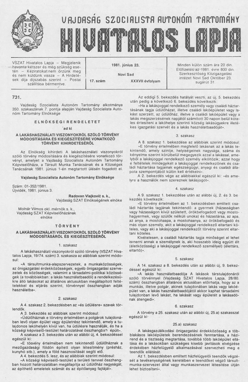 Vajdaság Szocialista Autonóm Tartomány Hivatalos Lapja, 37. évf. 1981. június 23. 17. sz.