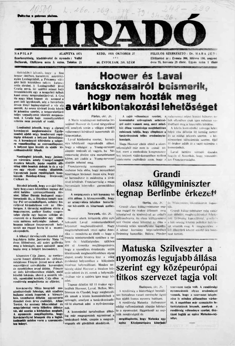 Híradó, 60. évf. 1931. október 27. 248. sz.