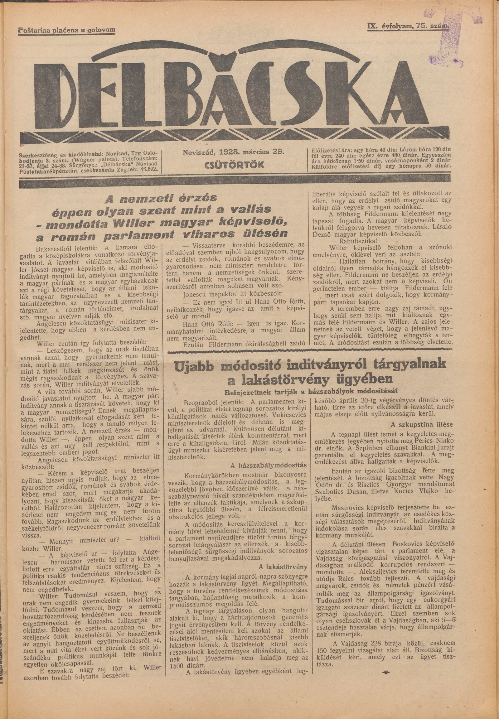 Délbácska, 9. évf. 1928. március 29. 75. sz.